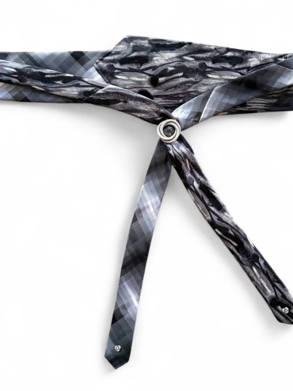OOAK Upcycled Necktie Belt Black Gray, Vintage Sarah Coventry, w/Hidden Pocket